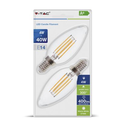 LED Bulb - 4W Filament E14 Candle Clear Cover 2700K 2PCS/Blister Pack