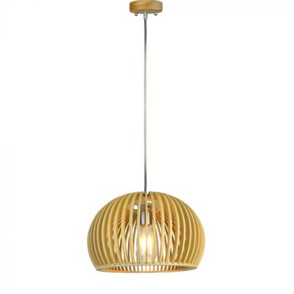 Wooden Pendant Light With Chrome Decorative Cap + Canopy + Lampshade Big Round D330*H220MM