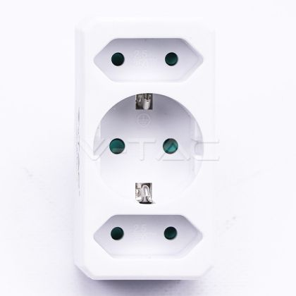 2 Ways Adapter With 2 Euro Socket 10A , 1 Socket 10/16A 250V ( Label+ Polybag ) White