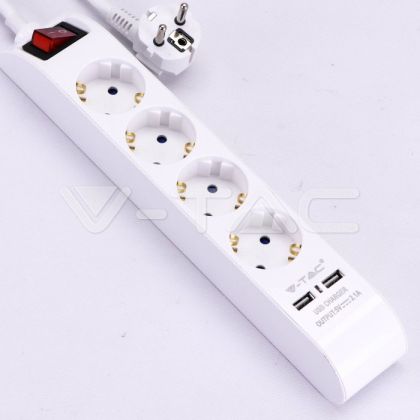 4 Ways Socket With Lighted Switch & 2 Usb Port 3G 1.5mm*1.4M White