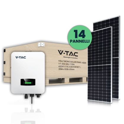 V-TAC Photovoltaic KIT 6kW with 14 Monocrystalline Photovoltaic Solar Panels 450W (SKU 11353) and Single-Phase Hybrid Inverter with Accessories Included (SKU 11514)