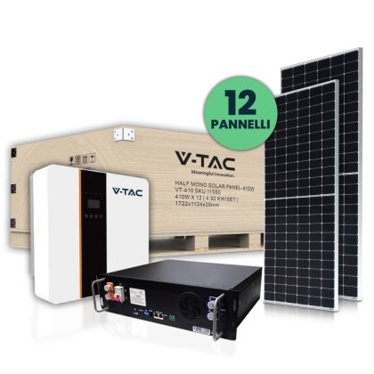 V-TAC 5KW Photovoltaic KIT with LiFePO4 5 KWh Storage Battery and Single-Phase Hybrid Inverter with Accessories included and 12 Monocrystalline Photovoltaic Solar Panels 410W