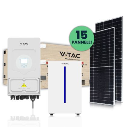 V-TAC 6KW Photovoltaic KIT with 6.14 KWh Lithium Storage Battery and Single-Phase Hybrid Inverter with Accessories included and 15 Slim 410W Monocrystalline Photovoltaic Solar Panels