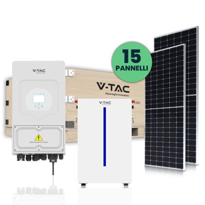 V-TAC 6KW Photovoltaic KIT with 6.14 KWh Lithium Storage Battery and Single-Phase Hybrid Inverter with Accessories included and 15 Monocrystalline Photovoltaic Solar Panels 410W