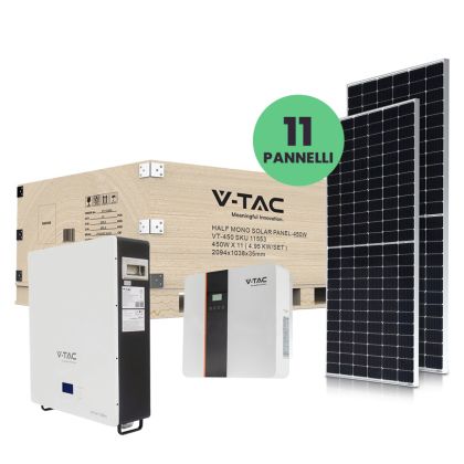 V-TAC 5kW Photovoltaic KIT with LiFePO4 5 kWh Storage Battery and Single-Phase Hybrid Inverter with Accessories included and 11 Monocrystalline Photovoltaic Solar Panels 450W