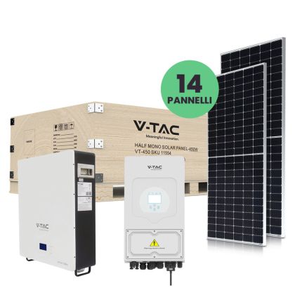 V-TAC 6kW Photovoltaic KIT with LiFePO4 5 kWh Storage Battery and Single-Phase Hybrid Inverter with Accessories included and 14 Monocrystalline Photovoltaic Solar Panels 450W