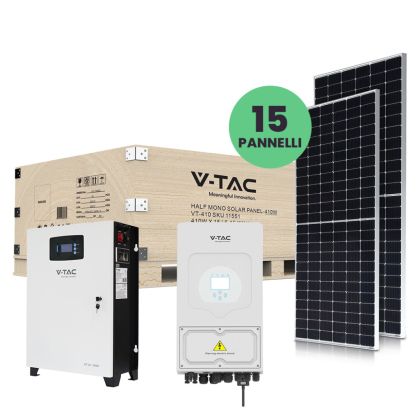 V-TAC 6KW Photovoltaic KIT with 10.24 KWh Lithium Storage Battery and Single-Phase Hybrid Inverter with Accessories included and 15 Slim 410W Monocrystalline Photovoltaic Solar Panels