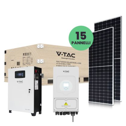 V-TAC 6kW Photovoltaic KIT with 10.24 KWh Lithium Storage Battery and Single-Phase Hybrid Inverter with Accessories included and 15 Monocrystalline Photovoltaic Solar Panels 410W