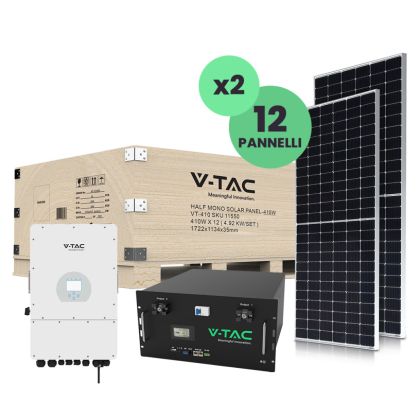 V-TAC Photovoltaic KIT 10kW with LiFePO4 9.6 kWh Storage Battery and Three-Phase Hybrid Inverter with Accessories included and 24 Thin Monocrystalline Photovoltaic Solar Panels 410W