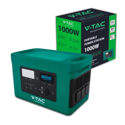 V-TAC Portable Power Station with LiFePO4 Storage Battery 1024Wh AC:220V 1000W (Max. 1800W) with 3 Schuko Sockets Rechargeable with Power Supply or Portable Photovoltaic Solar Panel