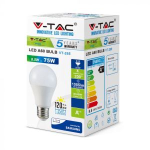 LED Bulb - SAMSUNG CHIP 8.5W E27 A++ A60 Plastic 3000K