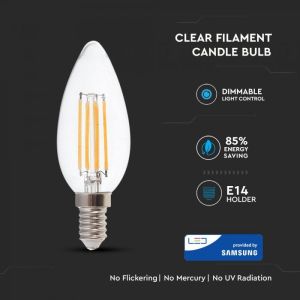 LED Bulb - SAMSUNG CHIP Filament 4W E14 Candle Clear Cover Dimmable 2700K