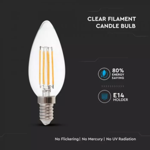 LED Bulb - 6W Filament E14 Clear Cover Candle 3000K 130LM/W