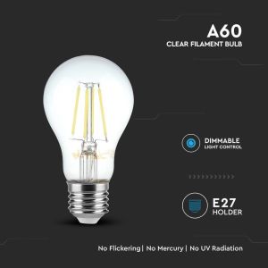 LED Bulb - 8W Filament E27 A60 Dimmable Clear Cover 3000K