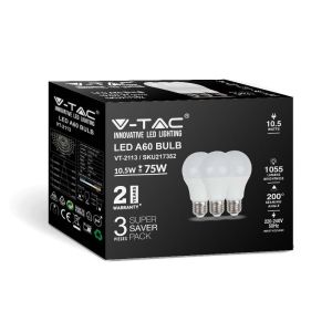 LED Bulb - 10.5W E27 A60 Thermoplastic 3000K 3PCS/PACK