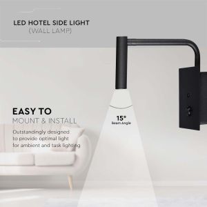 3W LED Hotel Side Light With Switch & USB Port Black 3000K