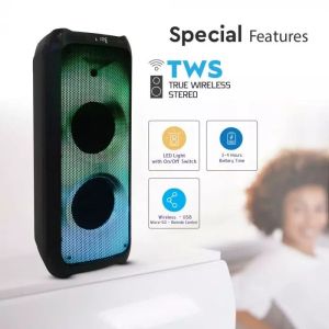 100W Rechargeable Trolley Speaker With One Wired Microphone RF Control RGB 2*10 inch