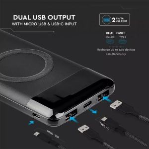 10K Mah Wireless Power Bank With Dual USB+TypeC+Led Screen Black