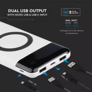 10K Mah Wireless Power Bank With Dual USB+TypeC+Led Screen White