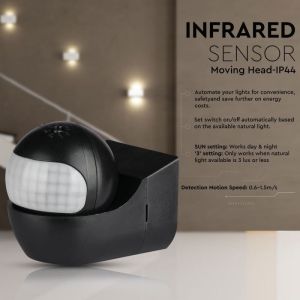 PIR Wall Sensor With Moving Head Black