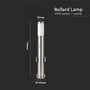 E27 Bollard Lamp 60CM PIR Sensor With 2 EU Plug Sockets Stainless Steel Satin Nickel IP44