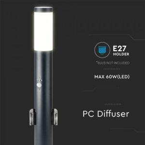 E27 Bollard Lamp 60CM PIR Sensor With 2 EU Plug Sockets Stainless Steel Black IP44