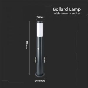 E27 Bollard Lamp 60CM PIR Sensor With 2 EU Plug Sockets Stainless Steel Black IP44