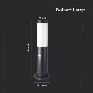 E27 Bollard Lamp 45CM With PIR Sensor Stainless Steel Body Black IP44