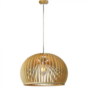 Wooden Pendant Light With Chrome Decorative Cap + Canopy + Lampshade Big Round D440*H280MM