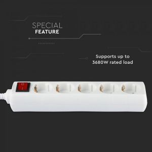 5 Ways Socket With Switch (3G 1.5MM2 X 1.5M) Polybag With Card White