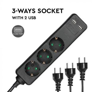 3 Ways Socket With 2 USB (3G 1.5MM2 X 1.5M) Polybag With Card Black