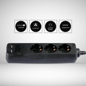 3 Ways Socket With 2 USB (3G 1.5MM2 X 1.5M) Polybag With Card Black