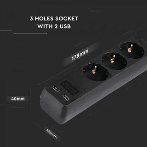 3 Ways Socket With 2 USB (3G 1.5MM2 X 1.5M) Polybag With Card Black