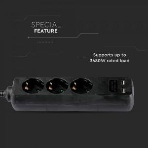 3 Ways Socket With 2 USB (3G 1.5MM2 X 1.5M) Polybag With Card Black