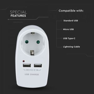 European Type Plug Adapter With Earthing Contact & Charging Interface White