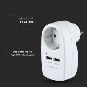 European Type Plug Adapter With Earthing Contact & Charging Interface White