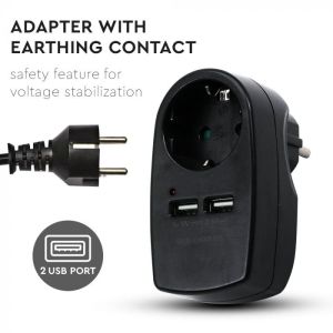 European Type Plug Adapter With Earthing Contact & Charging Interface Black