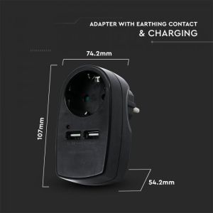 European Type Plug Adapter With Earthing Contact & Charging Interface Black