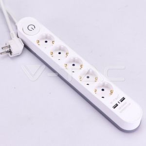 5 Ways Socket With Lighted Switch & 2 Usb Port 3G 1.5mm*3M White