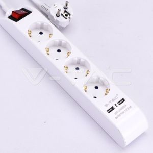 4 Ways Socket With Lighted Switch & 2 Usb Port 3G 1.5mm*1.4M White