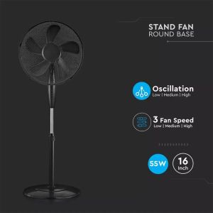 55W Stand Fan Round Base 5 Blades 3 Speed Black