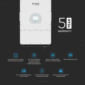 V-TAC Deye Three-Phase Hybrid On-Grid/Off-Grid Photovoltaic Inverter 10kW with LCD Color Touch Screen and Integrated Smart Meter including CT and WiFi 5+5 Year Warranty IP65