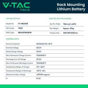 V-TAC Storage Battery 9.6kWh Lithium Rack Integrated BMS for Photovoltaic Inverters (48V 200Ah) 10YRS Warranty