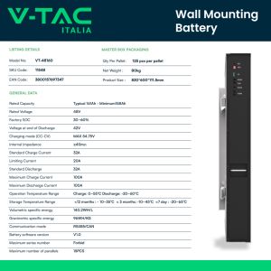 V-TAC Wall Mounted 7.68kWh Lithium-Iron-Phosphate (LiFePO4) Storage Battery Integrated BMS for Photovoltaic Inverters (48V 160Ah)