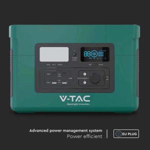 V-TAC Portable Power Station with LiFePO4 Storage Battery 1024Wh AC:220V 1000W (Max. 1800W) with 3 Schuko Sockets Rechargeable with Power Supply or Portable Photovoltaic Solar Panel