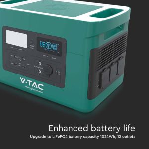 V-TAC Portable Power Station with LiFePO4 Storage Battery 1024Wh AC:220V 1000W (Max. 1800W) with 3 Schuko Sockets Rechargeable with Power Supply or Portable Photovoltaic Solar Panel