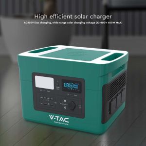 V-TAC Portable Power Station with LiFePO4 Storage Battery 1024Wh AC:220V 1000W (Max. 1800W) with 3 Schuko Sockets Rechargeable with Power Supply or Portable Photovoltaic Solar Panel