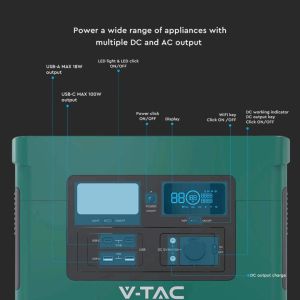 V-TAC Portable Power Station with LiFePO4 Storage Battery 1024Wh AC:220V 1000W (Max. 1800W) with 3 Schuko Sockets Rechargeable with Power Supply or Portable Photovoltaic Solar Panel