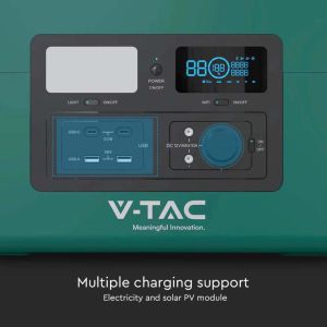 V-TAC Portable Power Station with LiFePO4 Storage Battery 1024Wh AC:220V 1000W (Max. 1800W) with 3 Schuko Sockets Rechargeable with Power Supply or Portable Photovoltaic Solar Panel