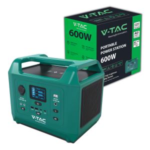 V-TAC Portable Power Station with LiFePO4 Storage Battery 576Wh AC:220V 600W (Max. 1000W) with 2 Rechargeable Schuko Sockets with Power Cable or Portable Photovoltaic Solar Panel